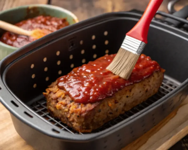 air fryer meatloaf Brushing glaze on air fryer meatloaf during cooking