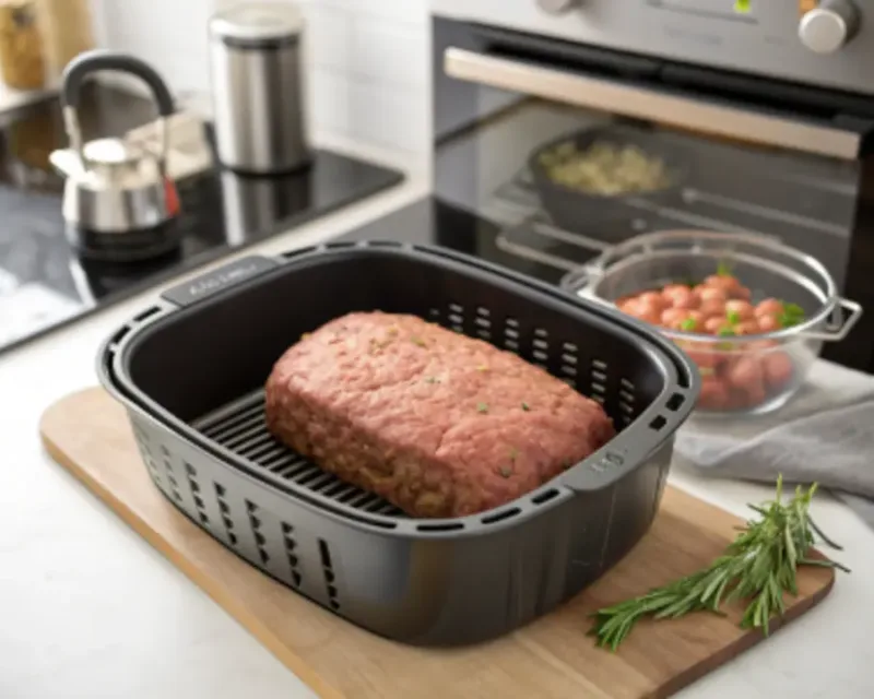 air fryer meatloaf Raw meatloaf shaped in an air fryer basket before cooking