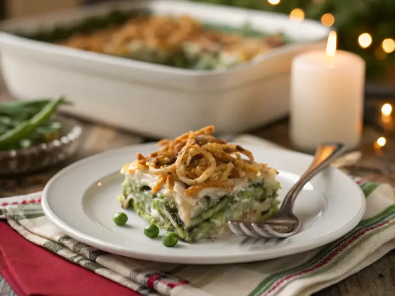 green bean casserole “Served portion of green bean casserole with crispy onions”