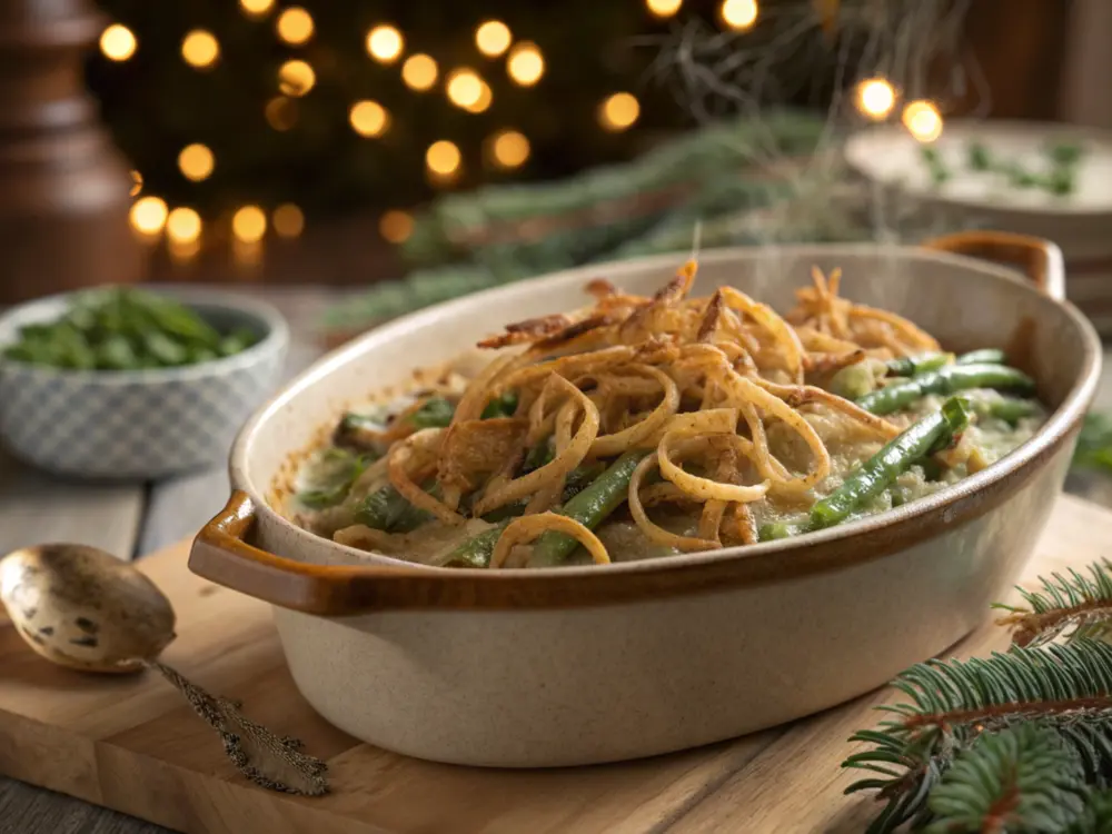 green bean casserole “Bubbling green bean casserole topped with golden fried onions”