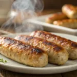 crispy air fryer breakfast sausages on a white plate