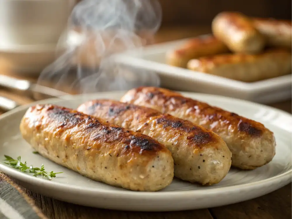 crispy air fryer breakfast sausages on a white plate