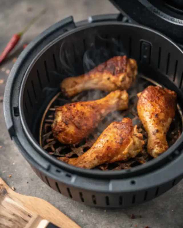 Air Fryer Chicken Drumsticks chicken drumsticks cooking inside air fryer basket