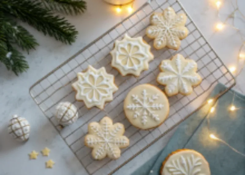 Snowflake cookies cooling on a wire rack with festive decorations"