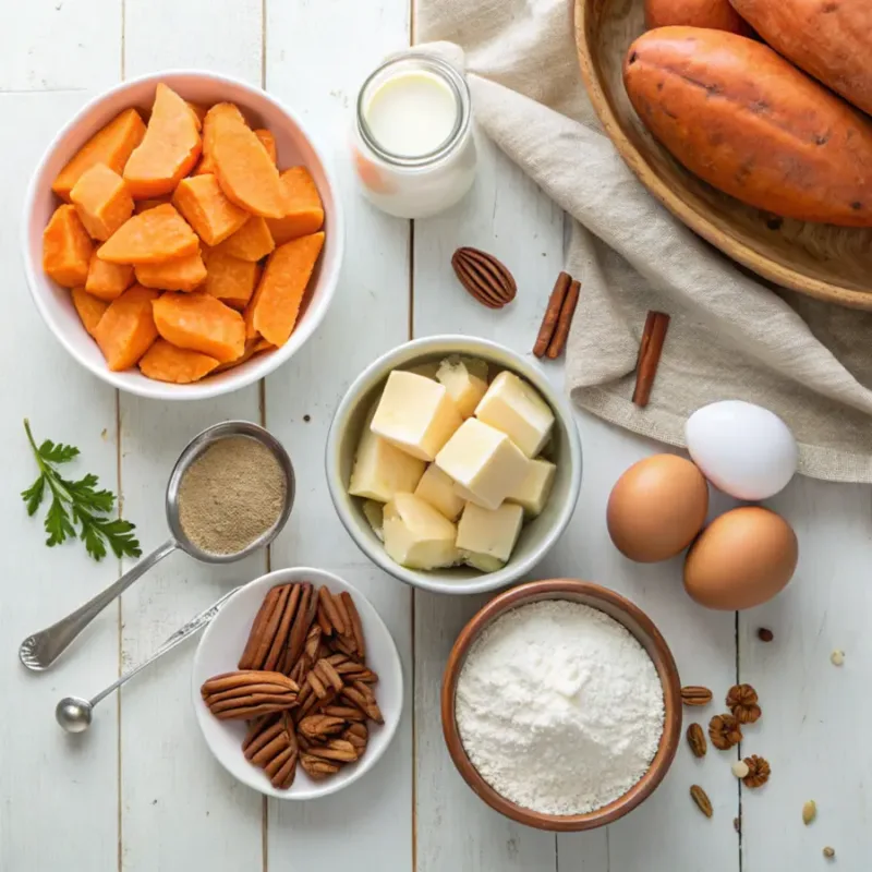 sweet potato casserole ingredients for sweet potato casserole flat lay