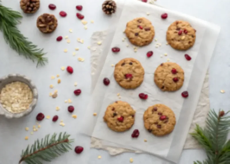 Oatmeal Cranberry Cookies Flat lay of oatmeal cranberry cookies with oats and dried cranberries on parchment paper