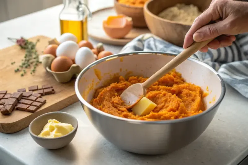 sweet potato casserole mixing mashed sweet potatoes with butter and eggs for casserole