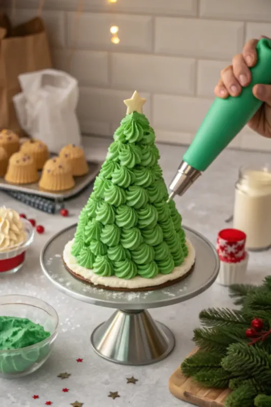 christmas tree cake piping buttercream branches on christmas tree cake