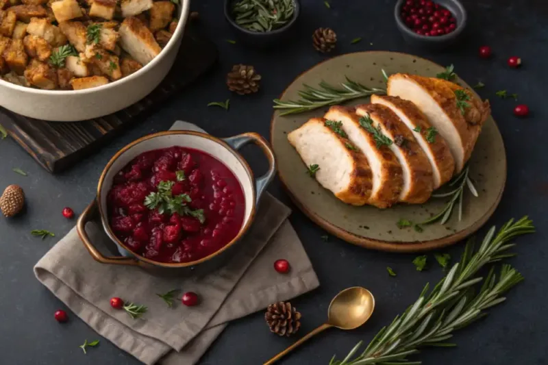 Cranberry Sauce Overhead flatlay of a Thanksgiving table with cranberry sauce, roasted turkey, and festive side dishes.