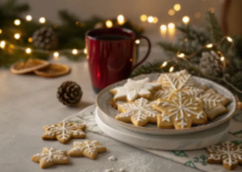 Snowflake cookies served on a holiday table with lights"