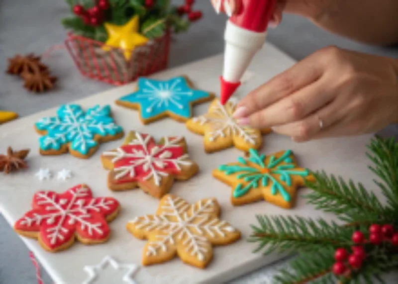 Decorating snowflake cookies with icing"