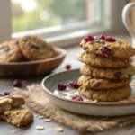 Oatmeal Cranberry Cookies Cozy Christmas appetizer preparation video featuring bite-sized party foods. Rustic wooden table, warm candlelight, subtle Christmas decorations. Close-ups of stuffing, baking, and garnishing appetizers. Ambient kitchen sounds only — no soundtrack or music. Cinematic holiday aesthetic, professional food videography, high realism.