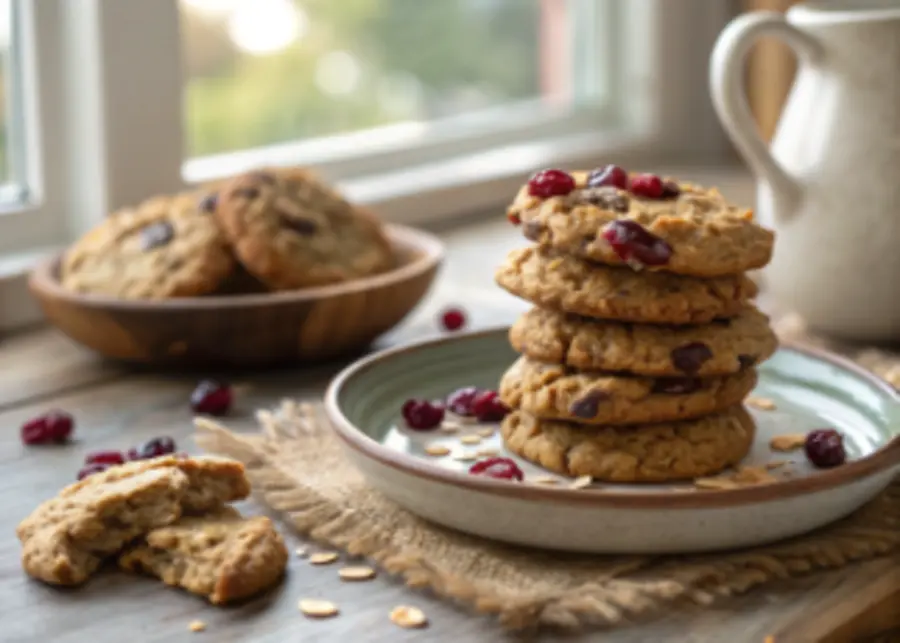 Oatmeal Cranberry Cookies Cozy Christmas appetizer preparation video featuring bite-sized party foods. Rustic wooden table, warm candlelight, subtle Christmas decorations. Close-ups of stuffing, baking, and garnishing appetizers. Ambient kitchen sounds only — no soundtrack or music. Cinematic holiday aesthetic, professional food videography, high realism.