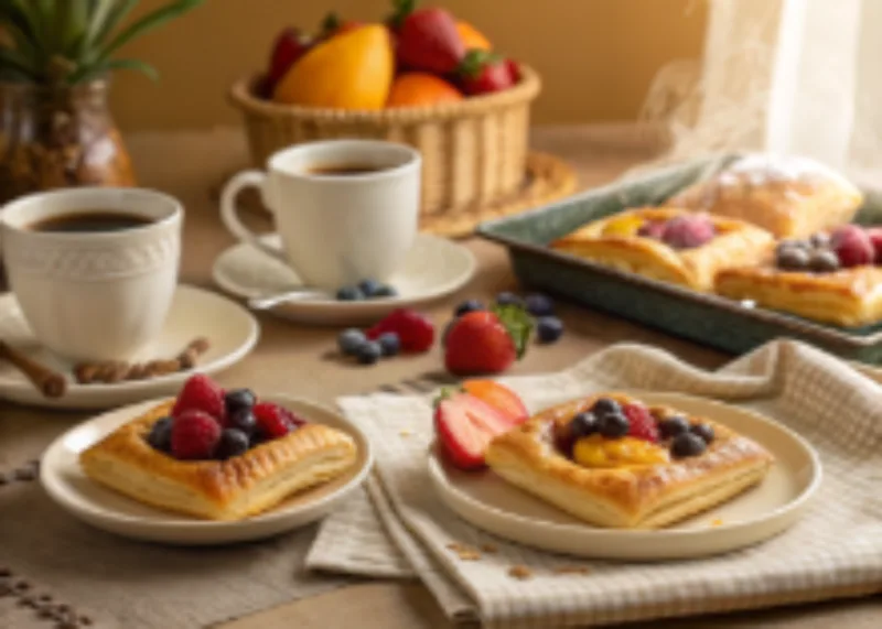 puff pastry breakfast Unbaked puff pastry breakfast pockets on parchment paper, filled with eggs, cheese, and bacon, rustic kitchen background, overhead angle