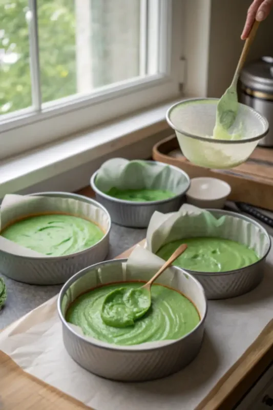 christmas tree cake green marbled cake batter in pans ready to bake christmas tree cake