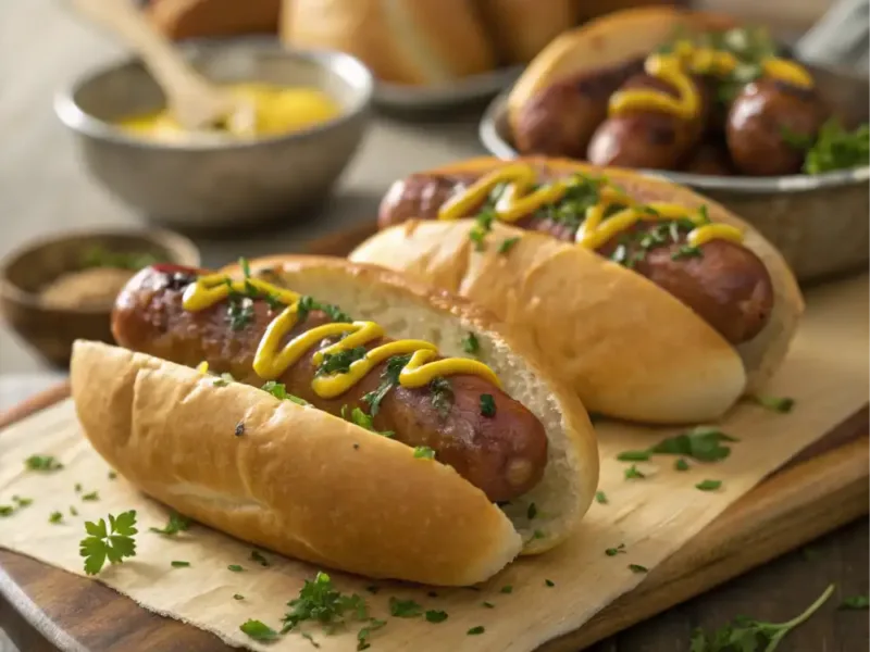air fryer sausage served in buns with mustard