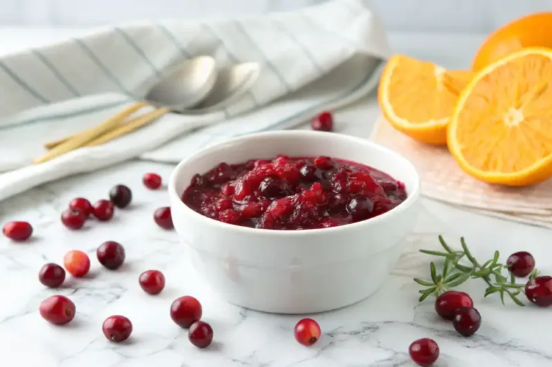 Cranberry Sauce Minimalist bowl of cranberry sauce on a marble surface with scattered fresh cranberries.