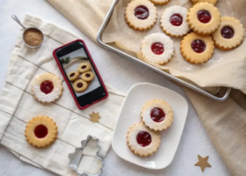 Top view of linzer tart cookies with jam filling