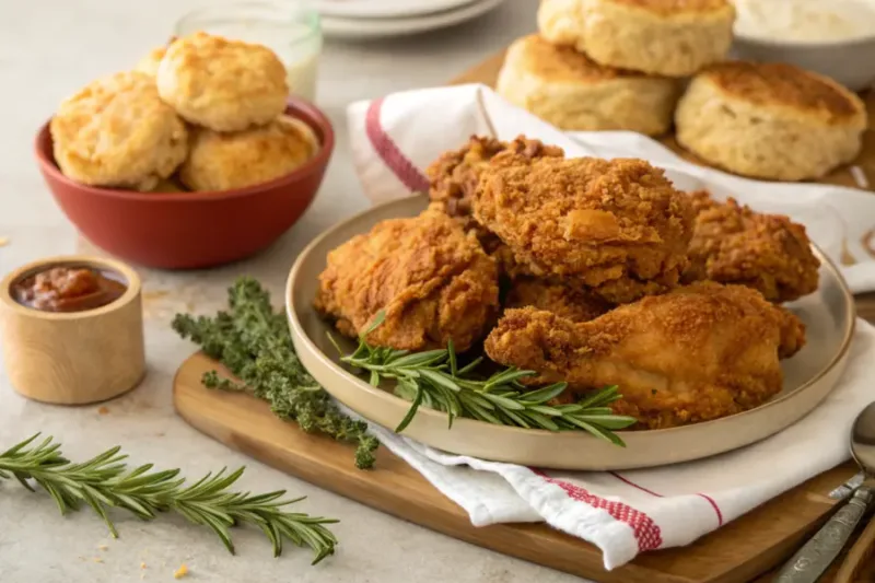 Air Fryer Fried Chicken Platter of air fryer fried chicken with fresh herbs and biscuits.