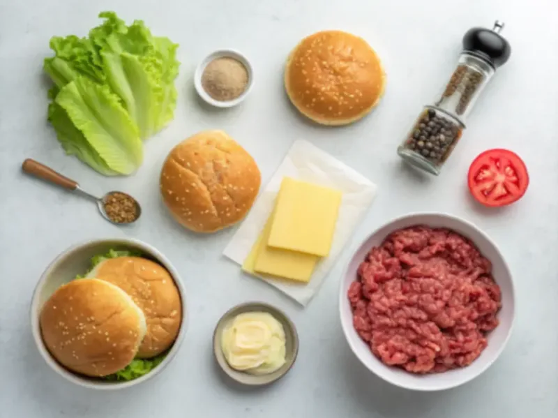Air fryer hamburgers air fryer hamburgers ingredients flat lay with ground beef and buns