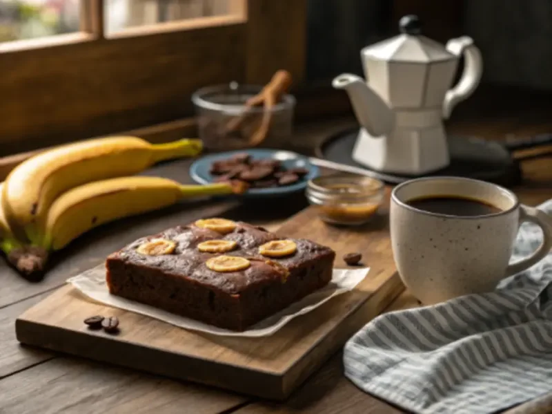 air fryer brownie with banana Sliced air fryer brownie with banana served on a plate