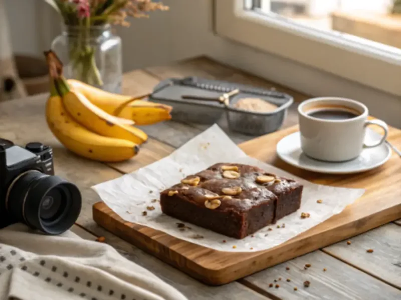 air fryer brownie with banana Air fryer brownie with banana served with coffee for dessert