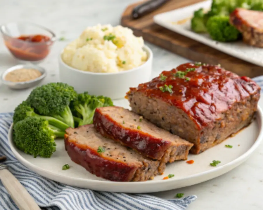 air fryer meatloaf Juicy air fryer meatloaf sliced and served with mashed potatoes and broccoli