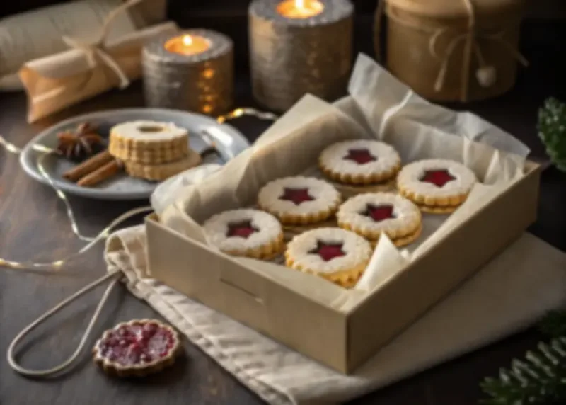 Festive linzer tart cookies styled for Christmas and holiday celebrations.