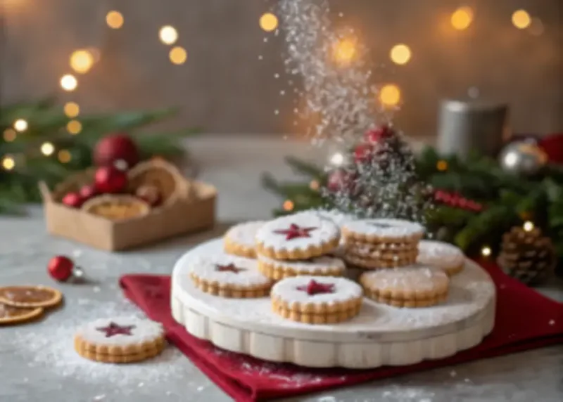 Holiday linzer tart cookies on dessert table