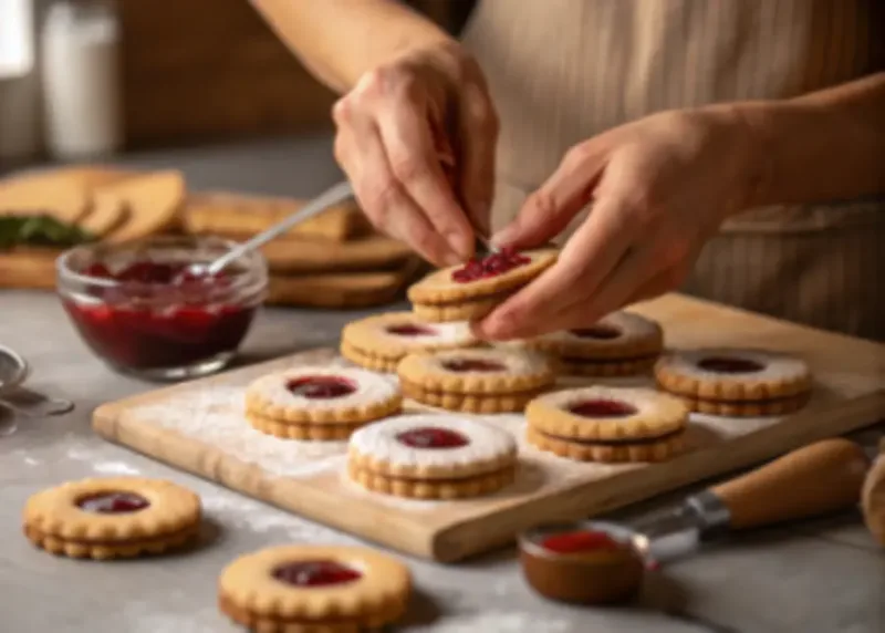 Assembling linzer tart cookies with jam