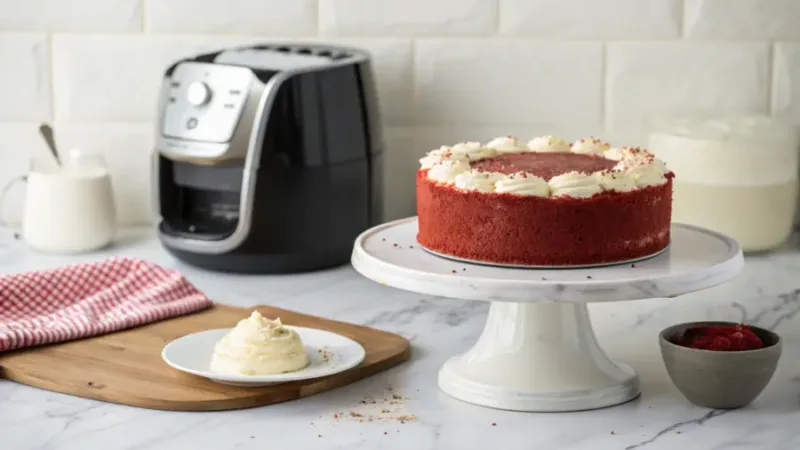 Air Fryer Red Velvet Cake Close-up of a slice of air fryer red velvet cake showing moist crumb and rich red color