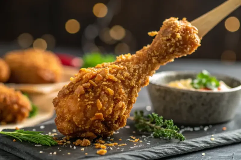 Air Fryer Fried Chicken Macro image of a crispy fried chicken drumstick.