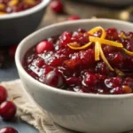 Cranberry Sauce Homemade cranberry sauce in a rustic bowl garnished with orange zest on a wooden table.