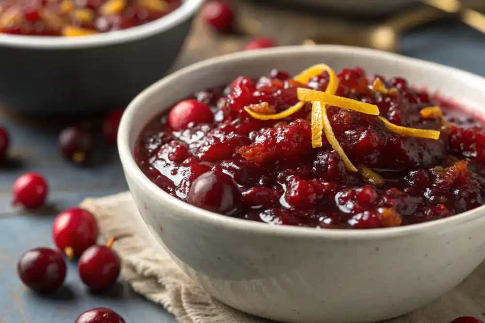 Cranberry Sauce Homemade cranberry sauce in a rustic bowl garnished with orange zest on a wooden table.