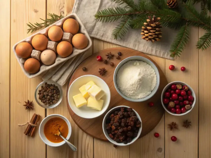 Air Fryer Christmas Cake “Ingredients for air fryer Christmas cake laid out on a kitchen counter”