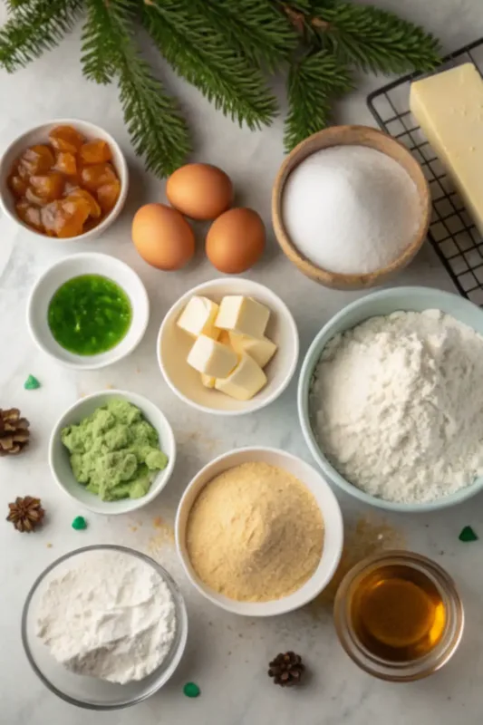 christmas tree cake ingredients for christmas tree cake laid out on kitchen counter
