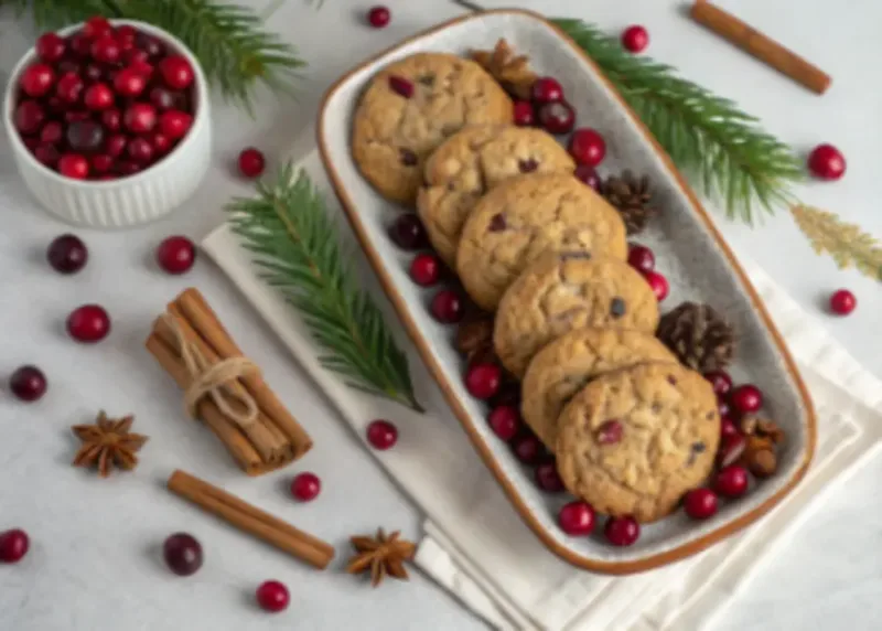 Oatmeal Cranberry Cookies Oatmeal cranberry cookies on a holiday platter with festive decorations