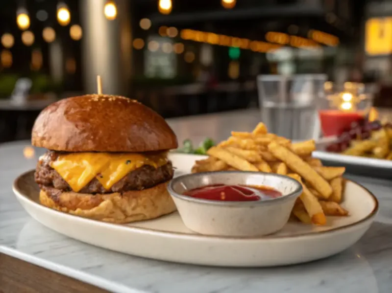 Air fryer hamburgers served air fryer hamburgers with fries and ketchup