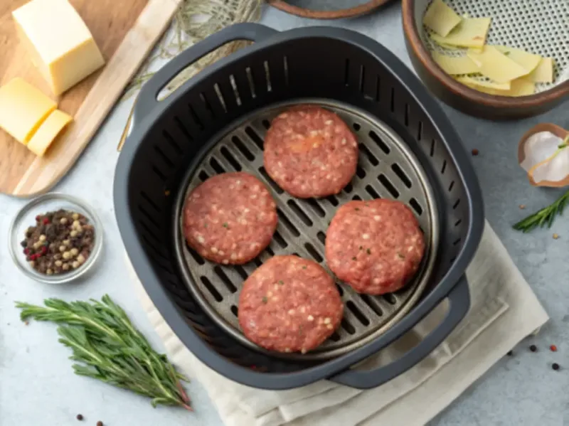Air fryer hamburgers air fryer hamburgers in basket ready to cook