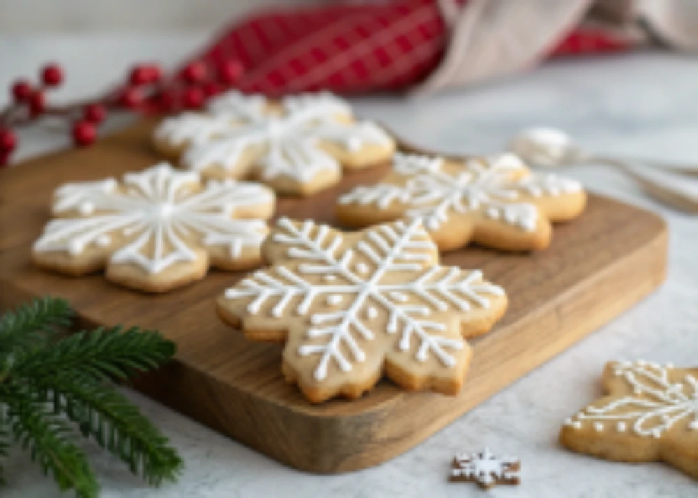Winter-themed cinematic dessert video of Snowflake Cookies. Rustic wooden table, soft snowfall effect, twinkle lights in the background. Close-ups of dough rolling, cookie cutting, icing piping, and powdered sugar dusting. Final plating: cookies arranged on a decorative holiday plate with a winter backdrop. Warm lighting, cozy festive mood, high realism, professional dessert videography.