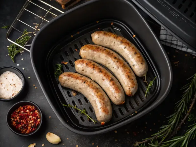 seasoned sausages arranged in air fryer basket