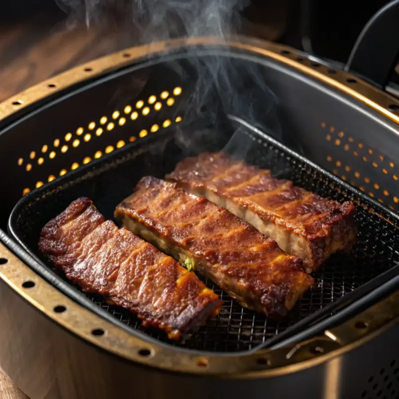 Ribs cooking in air fryer basket
