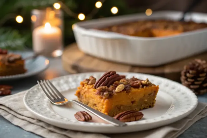 sweet potato casserole serving of sweet potato casserole with pecan topping