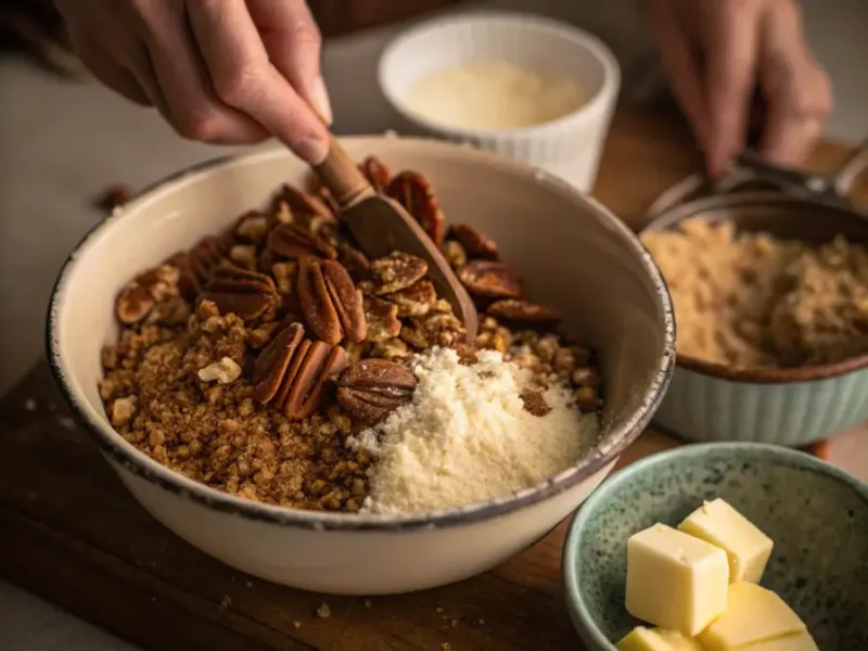 sweet potato casserole preparing pecan crumble topping for sweet potato casserole