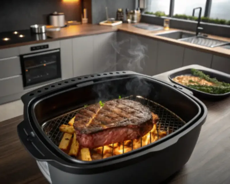 Air Fryer Steak Steak cooking in air fryer basket
