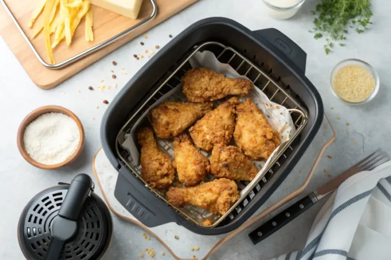Air Fryer Fried Chicken Air fryer basket filled with golden fried chicken pieces.
