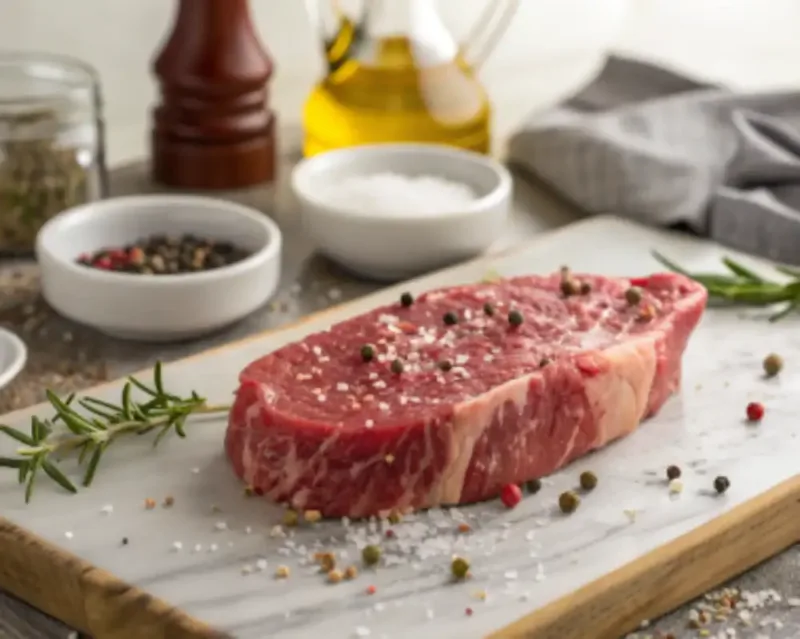 Air Fryer Steak Seasoned steak ready for air fryer