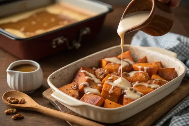 yams recipe pouring brown sugar sauce over yams