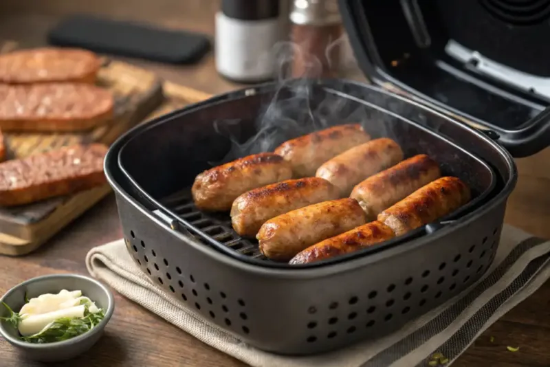 breakfast sausages cooking in an air fryer basket
