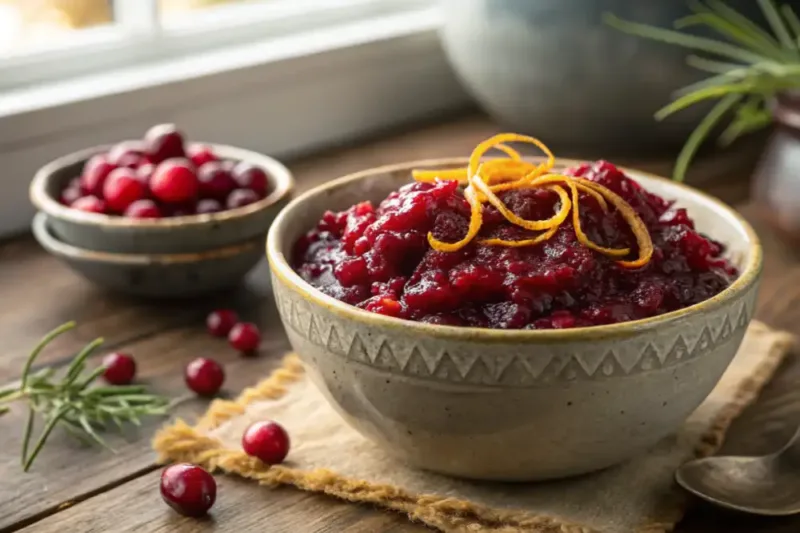 Cranberry Sauce Homemade Cranberry Sauce (Easy, Fresh & Flavorful Classic Recipe) - top down flatlay of a thanksgiving table spread f